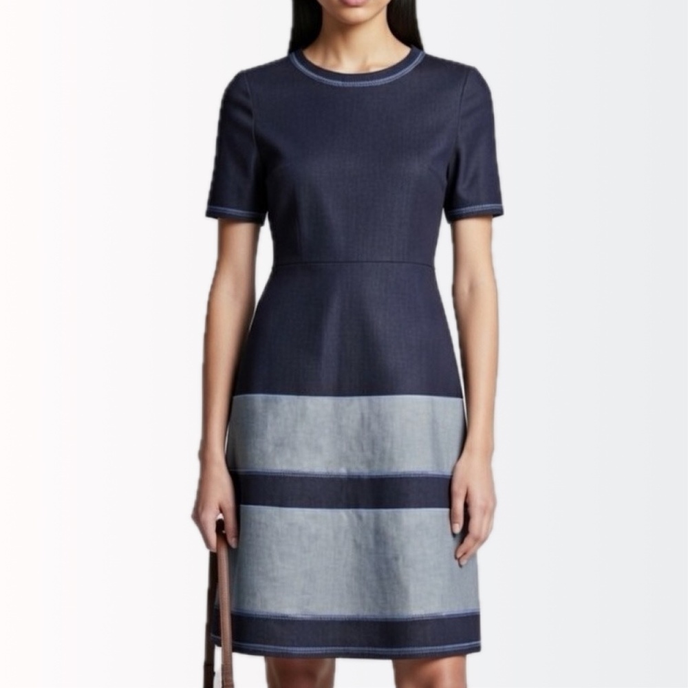 NWT Carolina Herrera $1290 Embroidered Denim A-Line Tailored Dress 6-8